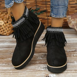 Women's Tassel Wedge Ankle Boots, Solid Color Round Toe Height Increasing Boots, Retro Side Zipper Short Boots