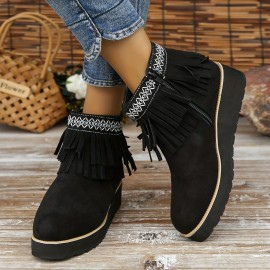 Women's Tassel Wedge Ankle Boots, Solid Color Round Toe Height Increasing Boots, Retro Side Zipper Short Boots