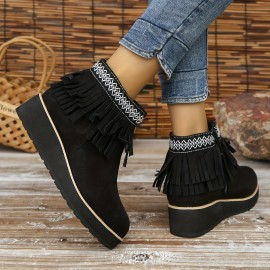 Women's Tassel Wedge Ankle Boots, Solid Color Round Toe Height Increasing Boots, Retro Side Zipper Short Boots