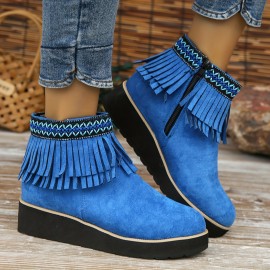 Women's Tassel Wedge Ankle Boots, Solid Color Round Toe Height Increasing Boots, Retro Side Zipper Short Boots