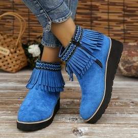 Women's Tassel Wedge Ankle Boots, Solid Color Round Toe Height Increasing Boots, Retro Side Zipper Short Boots