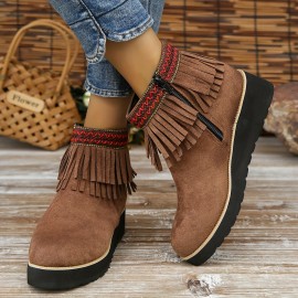 Women's Tassel Wedge Ankle Boots, Solid Color Round Toe Height Increasing Boots, Retro Side Zipper Short Boots