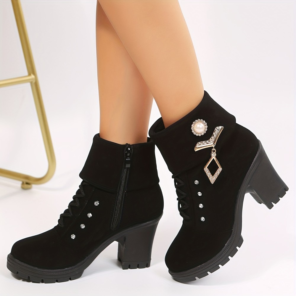 Women's Chunky Heeled Short Boots, Rhinestone Decor Lace Up Block High Heels, Fashion Side Zipper Ankle Boots