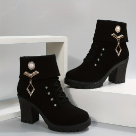 Women's Chunky Heeled Short Boots, Rhinestone Decor Lace Up Block High Heels, Fashion Side Zipper Ankle Boots