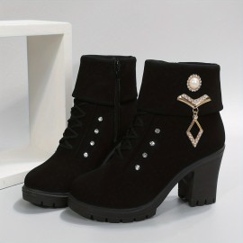 Women's Chunky Heeled Short Boots, Rhinestone Decor Lace Up Block High Heels, Fashion Side Zipper Ankle Boots