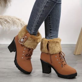 Women's Chunky Heeled Short Boots, Rhinestone Decor Lace Up Block High Heels, Fashion Side Zipper Ankle Boots