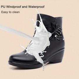 Women's Solid Color Trendy Boots, Side Zipper Platform Bowknot Decor Boots, Winter Plush Soft Sole Boots