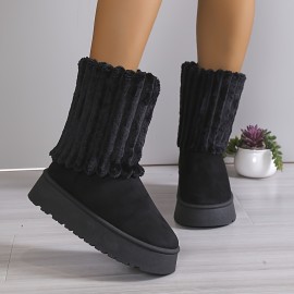 Women's Solid Color Plush Boots, Fluffy Soft Sole Platform Warm Lined Boots, Winter Non-slip Snow Boots