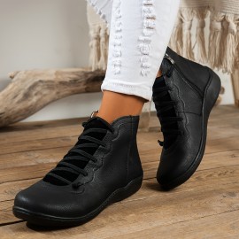 Women's Classic Solid Color Short Boots, Casual Lace Up Side Zipper Boots, Comfortable Ankle Boots