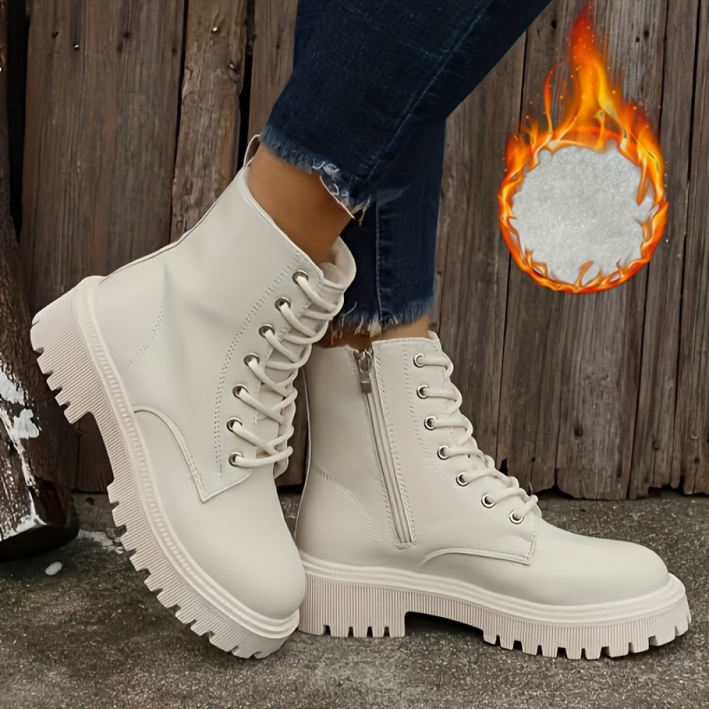 Women's Platform Combat Boots, Solid Color Lace Up & Side Zipper Ankle Boots, All-Match Short Boots