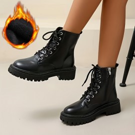 Women's Platform Combat Boots, Solid Color Lace Up & Side Zipper Ankle Boots, All-Match Short Boots