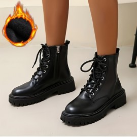 Women's Platform Combat Boots, Solid Color Lace Up & Side Zipper Ankle Boots, All-Match Short Boots