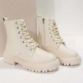 Women's Platform Combat Boots, Solid Color Lace Up & Side Zipper Ankle Boots, All-Match Short Boots