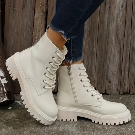 Women's Platform Combat Boots, Solid Color Lace Up & Side Zipper Ankle Boots, All-Match Short Boots