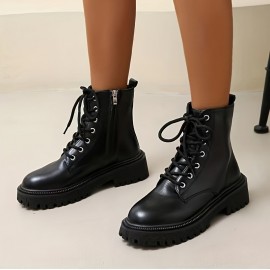 Women's Platform Combat Boots, Solid Color Lace Up & Side Zipper Ankle Boots, All-Match Short Boots