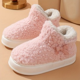 Women's Bowknot Plush Ankle Boots, Cute Cozy & Warm Slip On Platform Snow Boots, Winter Fleece Outdoor Boots