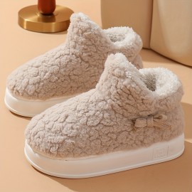 Women's Bowknot Plush Ankle Boots, Cute Cozy & Warm Slip On Platform Snow Boots, Winter Fleece Outdoor Boots