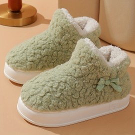 Women's Bowknot Plush Ankle Boots, Cute Cozy & Warm Slip On Platform Snow Boots, Winter Fleece Outdoor Boots