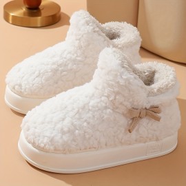 Women's Bowknot Plush Ankle Boots, Cute Cozy & Warm Slip On Platform Snow Boots, Winter Fleece Outdoor Boots