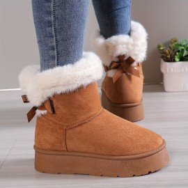 Women's Solid Color Fluffy Boots, Bowknot Decor Platform Thermal Lined Boots, Winter Non-slip Plush Soft Shoes