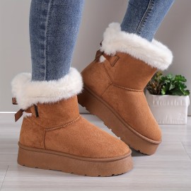 Women's Solid Color Fluffy Boots, Bowknot Decor Platform Thermal Lined Boots, Winter Non-slip Plush Soft Shoes