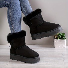 Women's Solid Color Fluffy Boots, Bowknot Decor Platform Thermal Lined Boots, Winter Non-slip Plush Soft Shoes