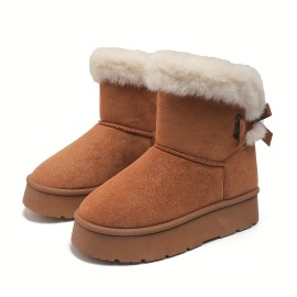 Women's Solid Color Fluffy Boots, Bowknot Decor Platform Thermal Lined Boots, Winter Non-slip Plush Soft Shoes