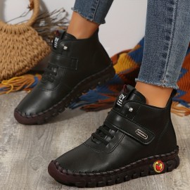 Women's Flat Ankle Boots, Solid Color Lace Up Plush Lined Thermal Shoes, Warm Soft Sole Short Boots