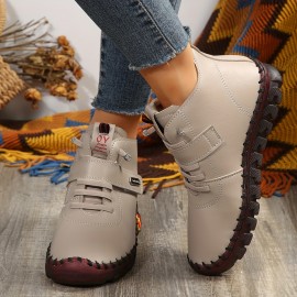 Women's Flat Ankle Boots, Solid Color Lace Up Plush Lined Thermal Shoes, Warm Soft Sole Short Boots