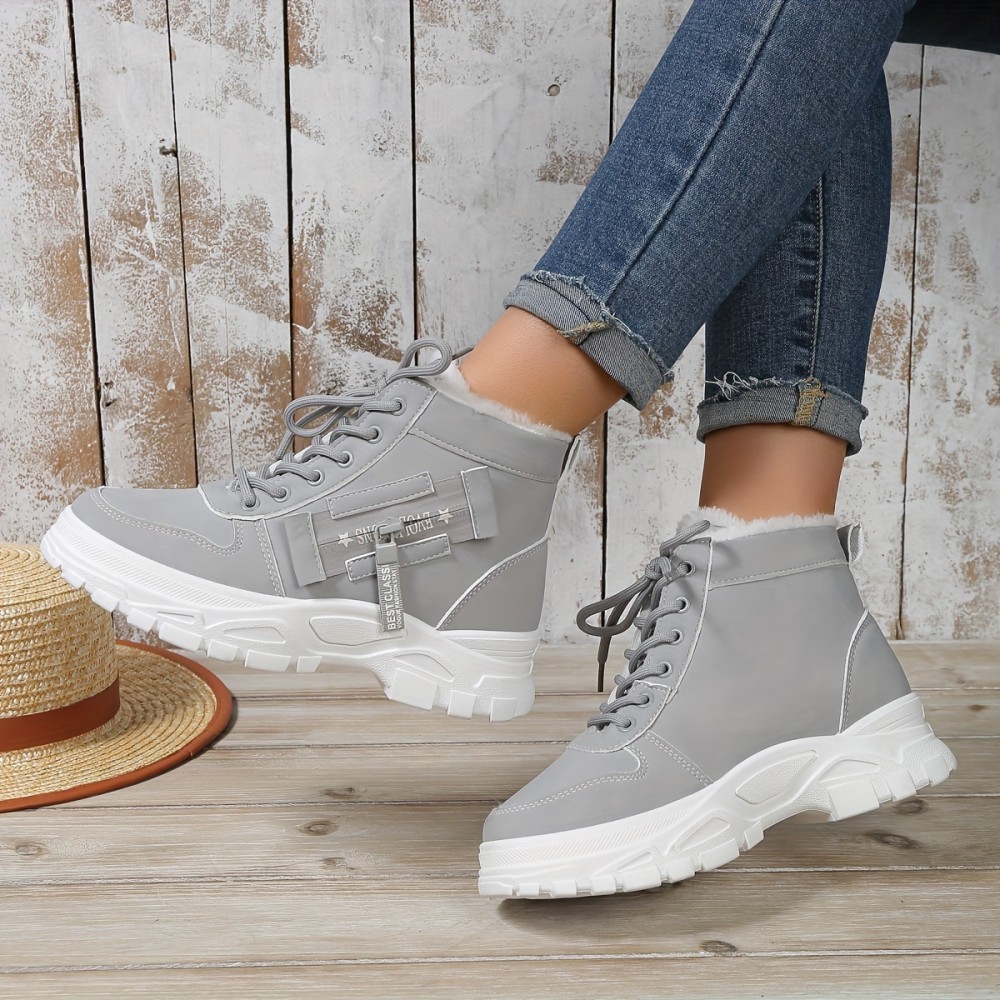 Women's Platform Short Boots, Casual Lace Up Plush Lined Winter Boots, Comfortable Side Zipper Ankle Boots