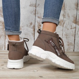 Women's Platform Short Boots, Casual Lace Up Plush Lined Winter Boots, Comfortable Side Zipper Ankle Boots