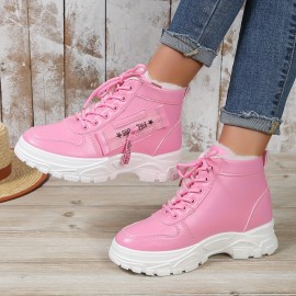 Women's Platform Short Boots, Casual Lace Up Plush Lined Winter Boots, Comfortable Side Zipper Ankle Boots