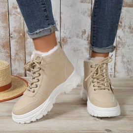 Women's Platform Short Boots, Casual Lace Up Plush Lined Winter Boots, Comfortable Side Zipper Ankle Boots