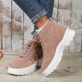 Women's Platform Short Boots, Casual Lace Up Plush Lined Winter Boots, Comfortable Side Zipper Ankle Boots