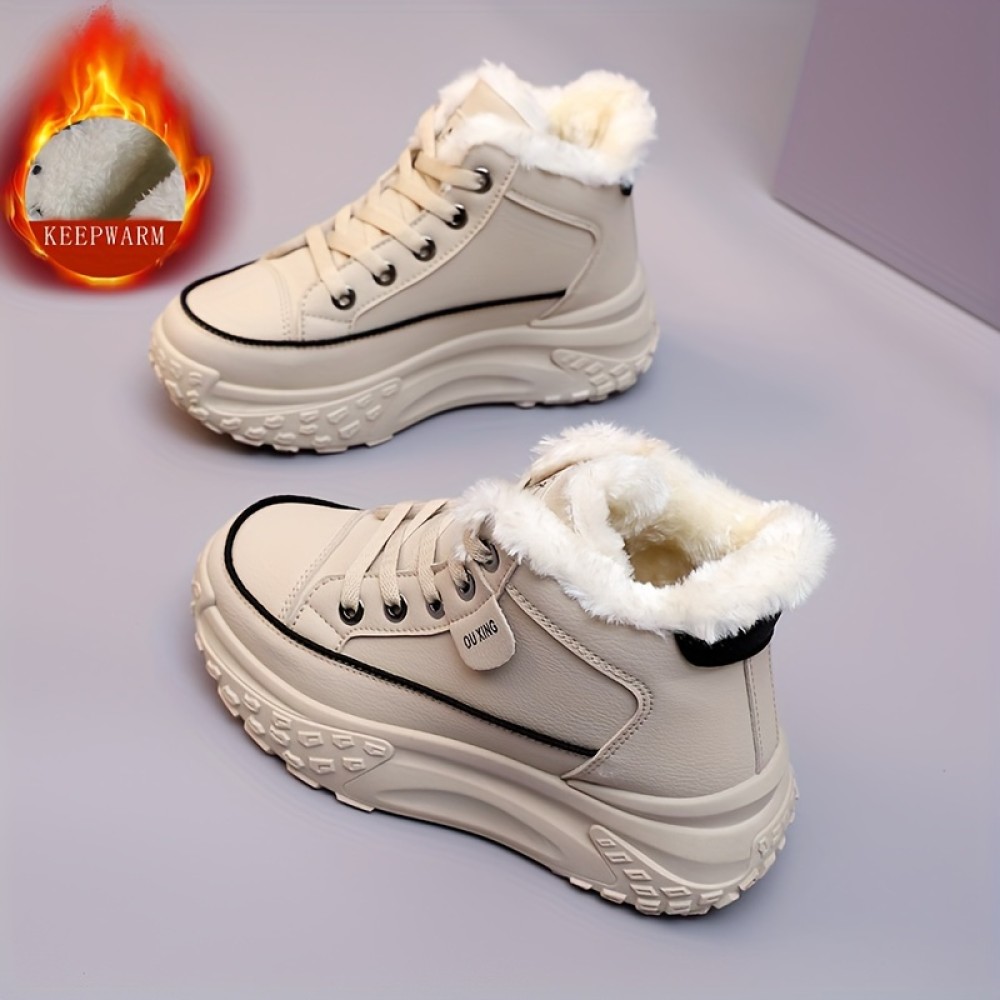 Women's Solid Color Fluffy Shoes, Lace Up Soft Sole Platform Fleece Lining Shoes, Winter Non-slip Snow Shoes