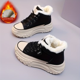 Women's Solid Color Fluffy Shoes, Lace Up Soft Sole Platform Fleece Lining Shoes, Winter Non-slip Snow Shoes