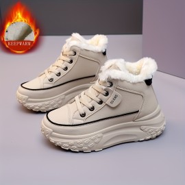 Women's Solid Color Fluffy Shoes, Lace Up Soft Sole Platform Fleece Lining Shoes, Winter Non-slip Snow Shoes