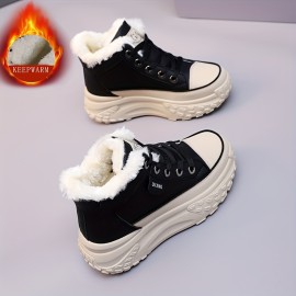 Women's Solid Color Fluffy Shoes, Lace Up Soft Sole Platform Fleece Lining Shoes, Winter Non-slip Snow Shoes