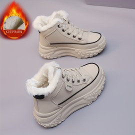 Women's Solid Color Fluffy Shoes, Lace Up Soft Sole Platform Fleece Lining Shoes, Winter Non-slip Snow Shoes