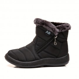 Women's Flat Ankle Snow Boots, Waterproof Side Zipper Plush Lined Boots, Winter Warm Outdoor Shoes