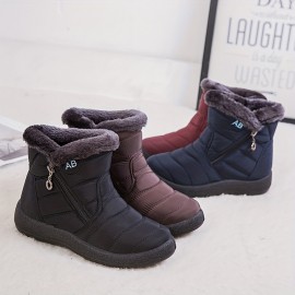 Women's Flat Ankle Snow Boots, Waterproof Side Zipper Plush Lined Boots, Winter Warm Outdoor Shoes