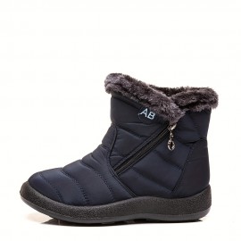 Women's Flat Ankle Snow Boots, Waterproof Side Zipper Plush Lined Boots, Winter Warm Outdoor Shoes