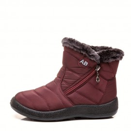 Women's Flat Ankle Snow Boots, Waterproof Side Zipper Plush Lined Boots, Winter Warm Outdoor Shoes