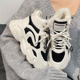 Women's Chunky Ankle Boots, Colorblock Plush Lined High Top Outdoor Sneakers, Winter Warm Lace Up Snow Boots