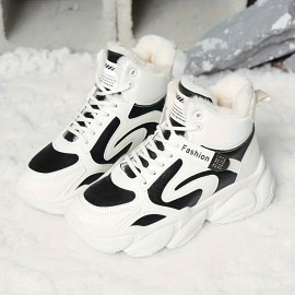 Women's Chunky Ankle Boots, Colorblock Plush Lined High Top Outdoor Sneakers, Winter Warm Lace Up Snow Boots