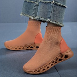 Women's Breathable Knit Sock Sneakers, Casual Slip On Fashion Sole Short Boots, Comfortable Ankle Boots