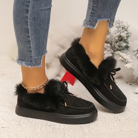 Women's Solid Color Short Boots, Casual Bowknot Decor Plush Lined Boots, Women's Comfortable Winter Boots