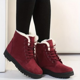 Women's Solid Color Platform Boots, Lace Up Velvet Warm Fluffy Non-slip Round Toe Outdoor Shoes, Winter Snow Boots