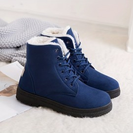 Women's Solid Color Platform Boots, Lace Up Velvet Warm Fluffy Non-slip Round Toe Outdoor Shoes, Winter Snow Boots