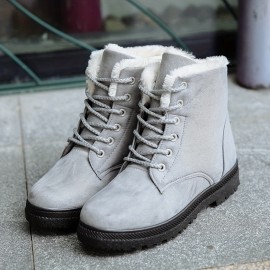 Women's Solid Color Platform Boots, Lace Up Velvet Warm Fluffy Non-slip Round Toe Outdoor Shoes, Winter Snow Boots